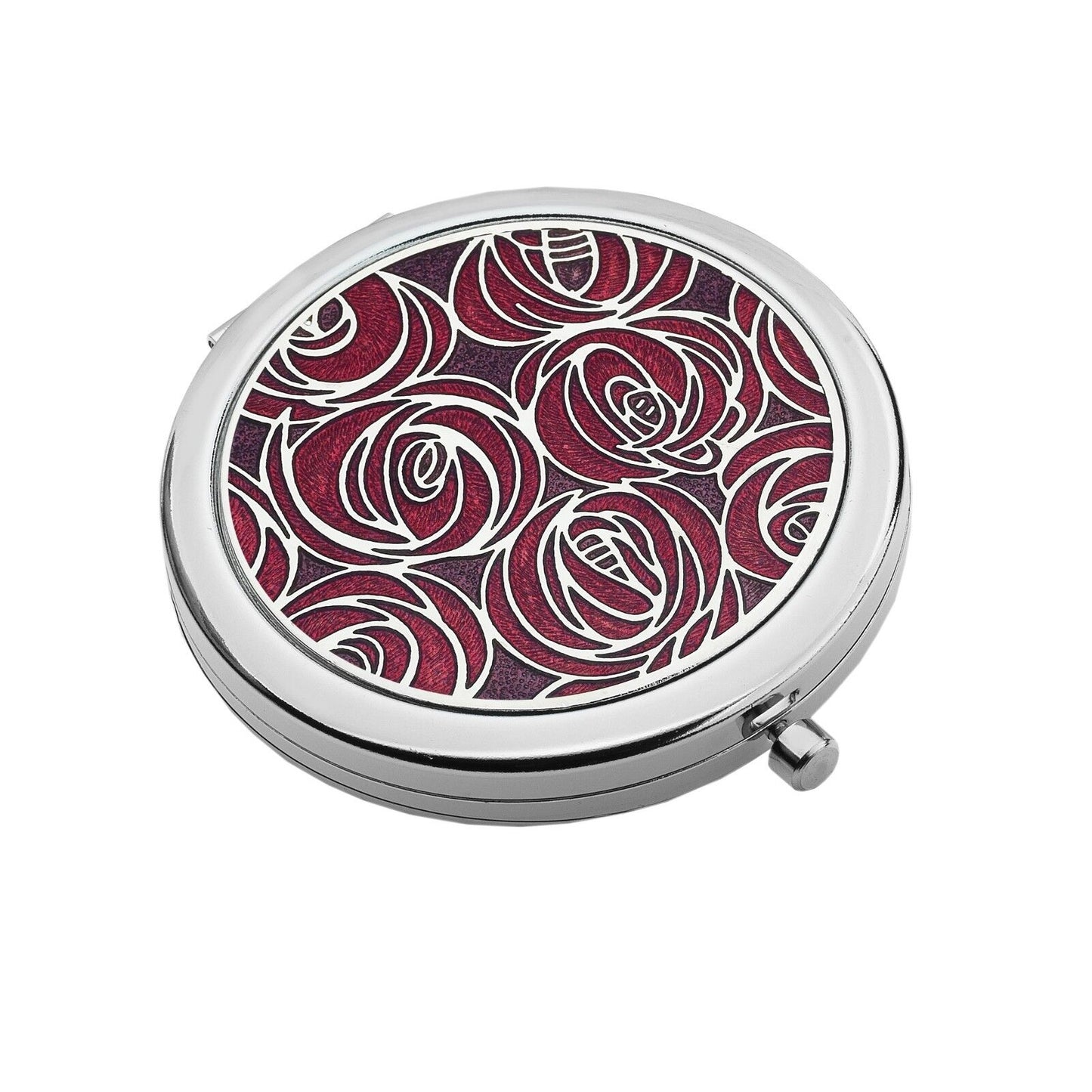 J R Jewellery silver plated compact mirror round design with red rose pattern and polished metal finish