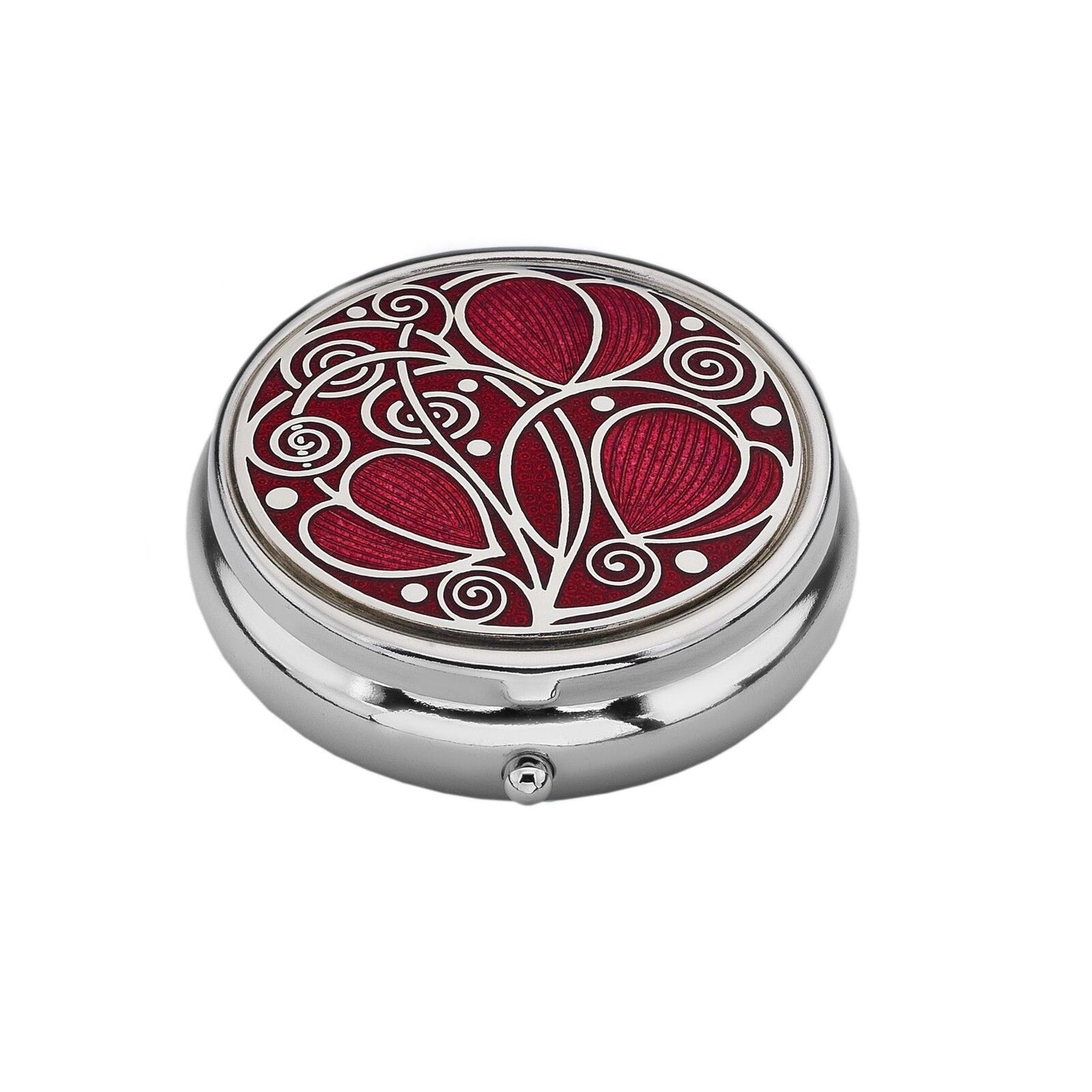 J R Jewellery silver plated Mackintosh pill box with red guilloche enamel and art nouveau floral design