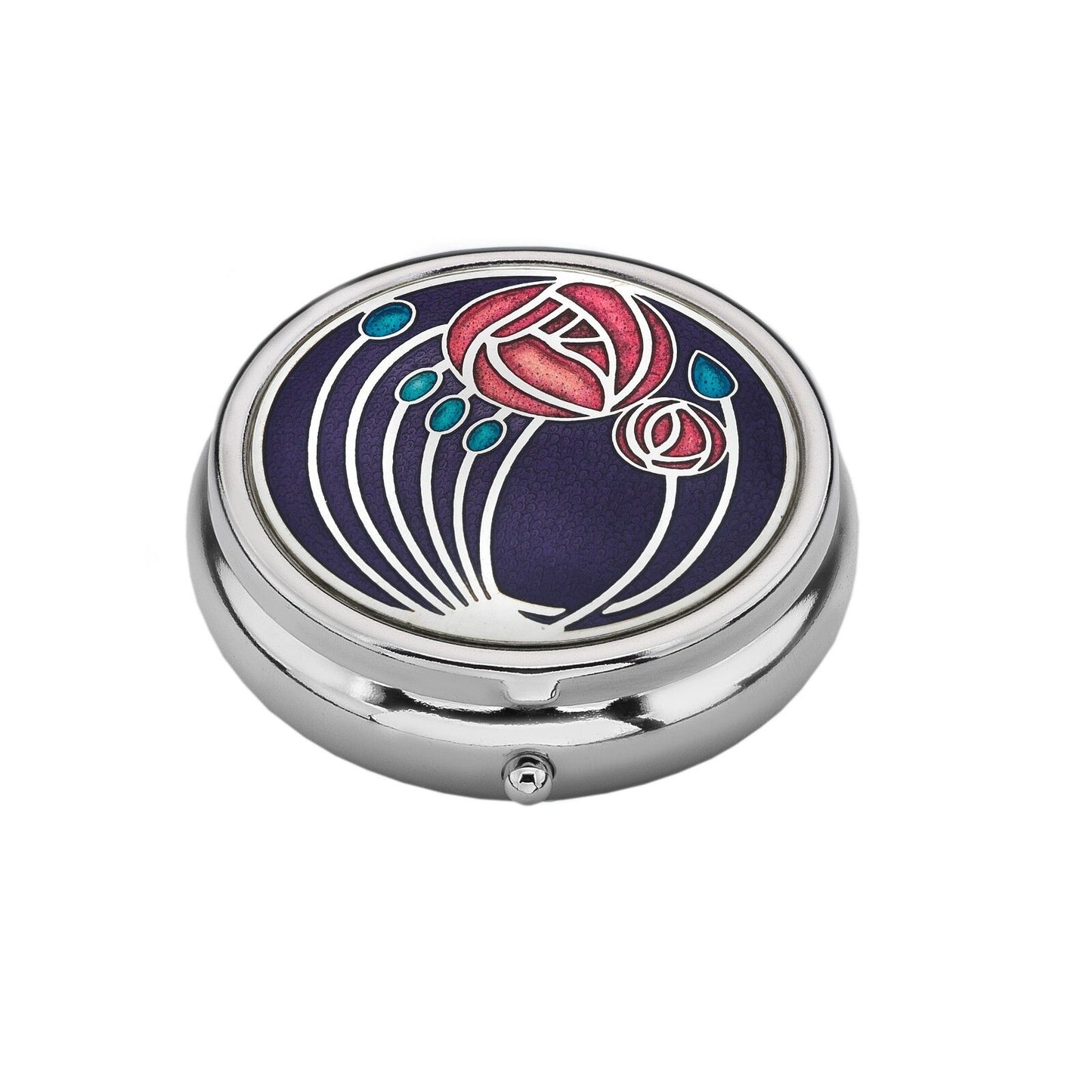 J R Jewellery silver plated pill box Mackintosh Rose design enamelled red and teal rose on navy