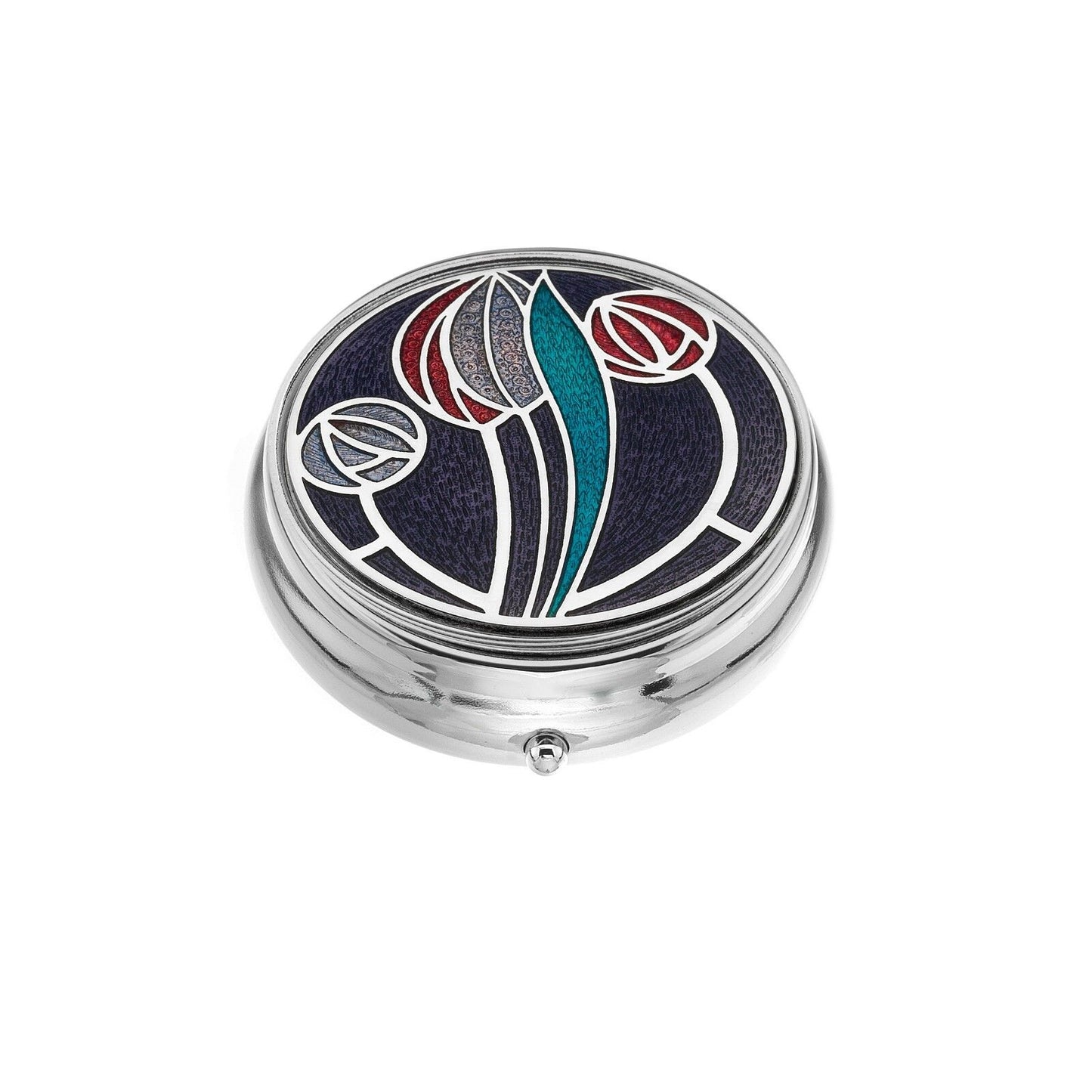 mackintosh rose silver pill box by J R Jewellery round enamelled travel pill box with navy and red rose design