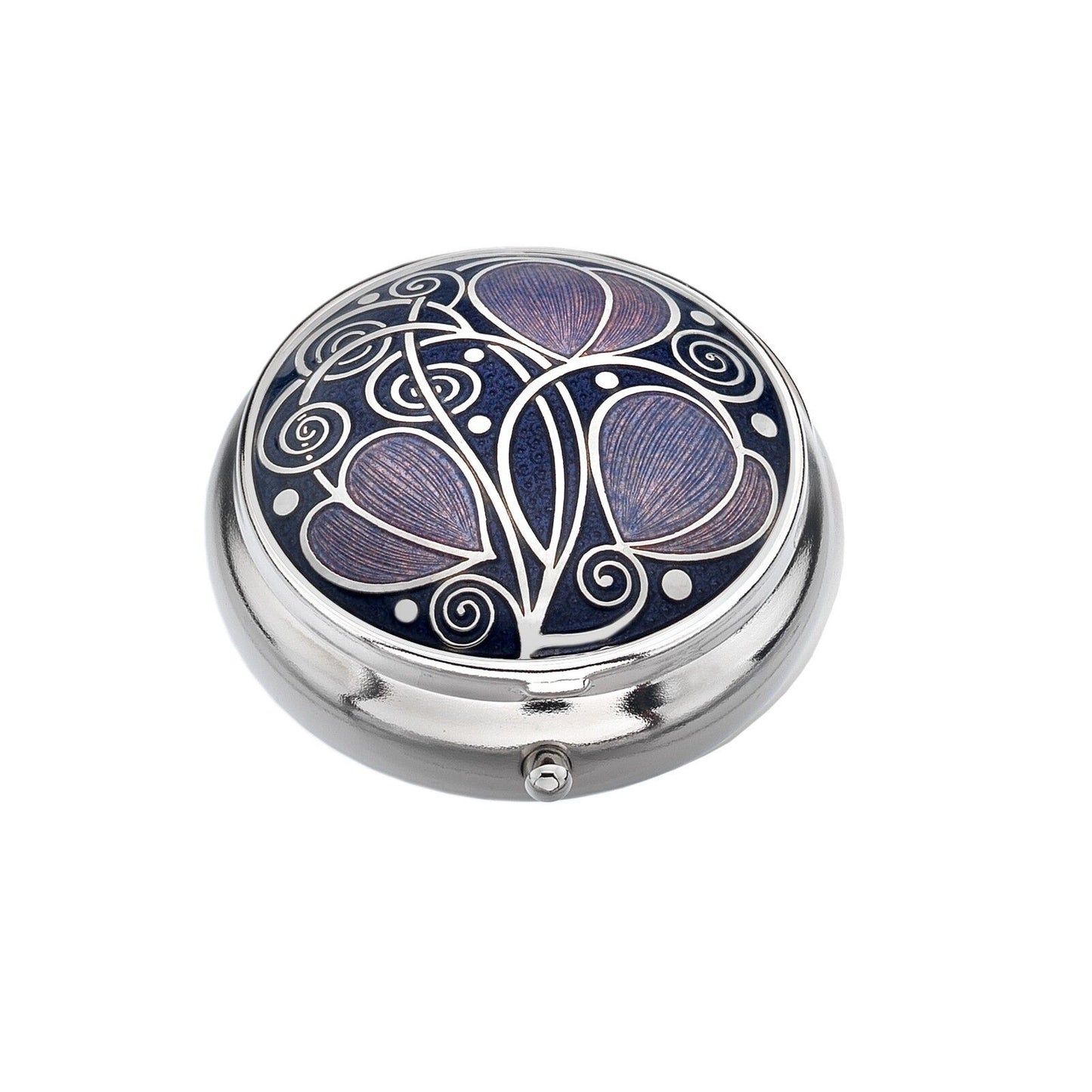 Pill Box Silver Plated Mackintosh Leaves and Coils. Round silver plated enamelled trinket box with navy and purple leaf design