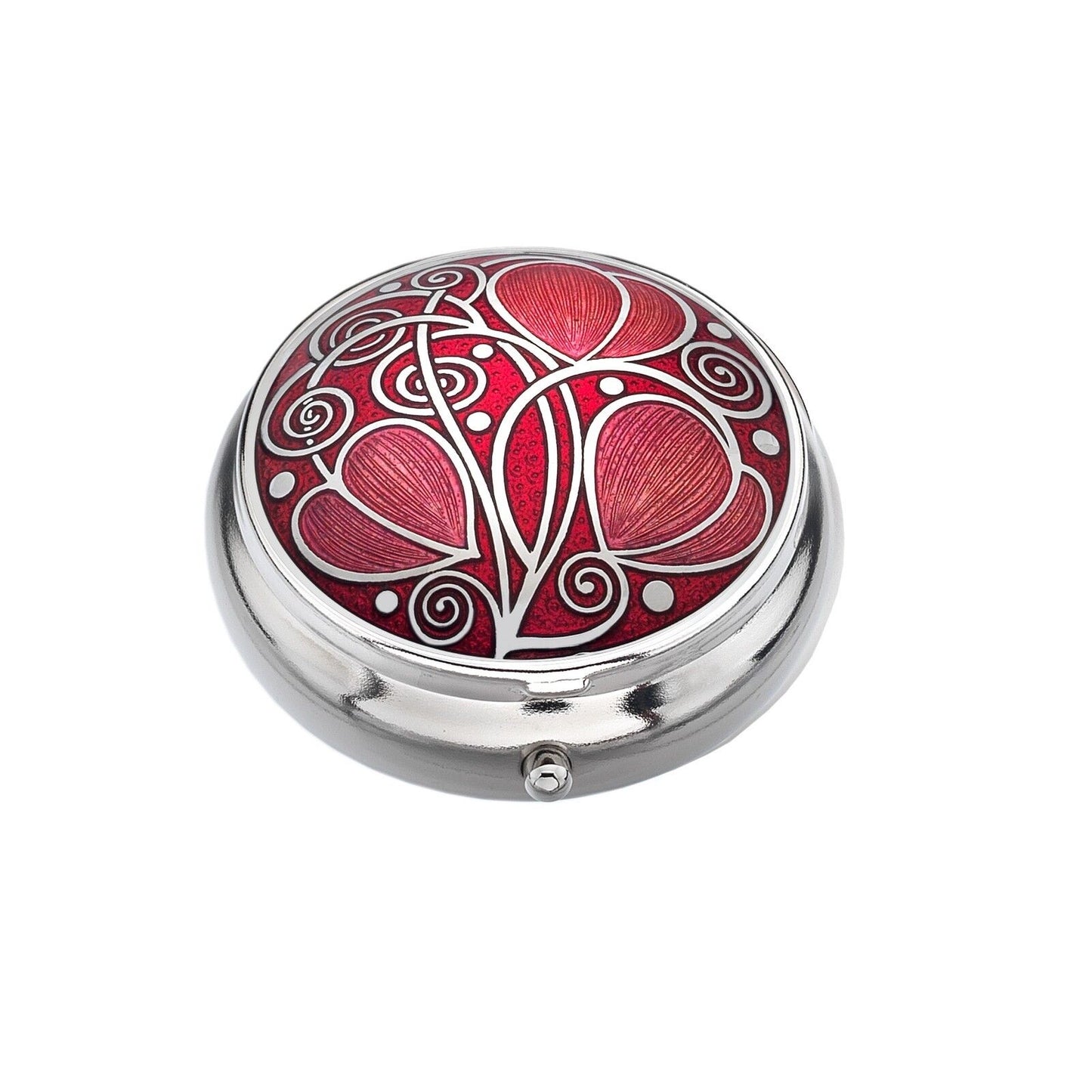 Round red enamel pill box with Art Nouveau Mackintosh pattern Pill Box Silver Plated Mackintosh Leaves and Coils by J R Jewellery