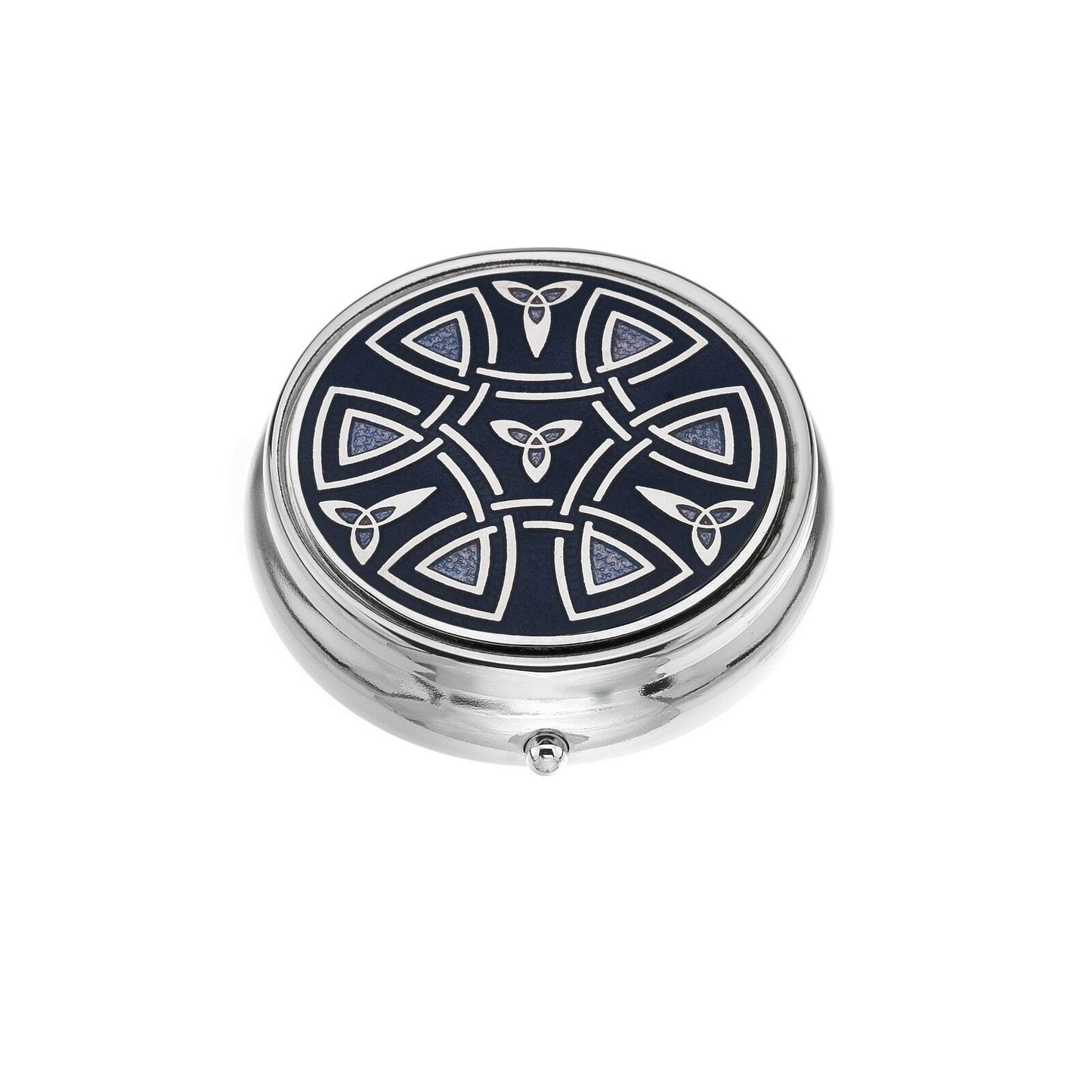 J R Jewellery silver plated Celtic pill box with round blue enamel Celtic knot lid and polished finish