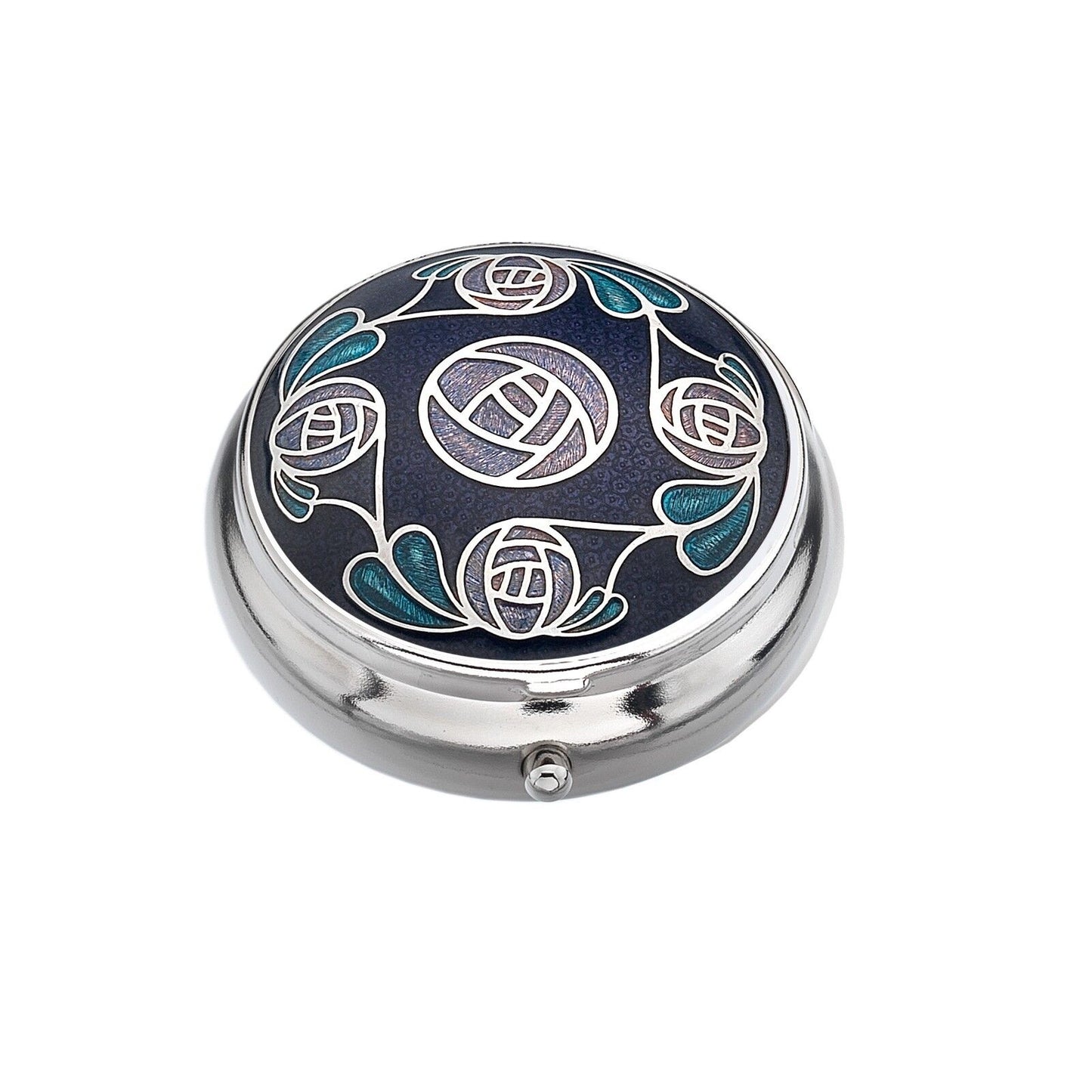 J R Jewellery silver plated Mackintosh pill box with blue and teal enamel Art Nouveau floral design round compact