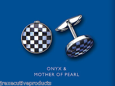 Silver chequered flag cufflinks made with onyx and mother of pearl in round design