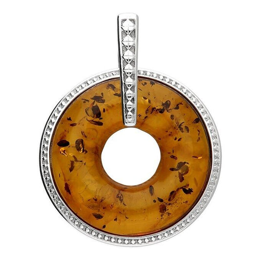 Cognac Baltic amber pendant with round polished amber and silver decorative setting