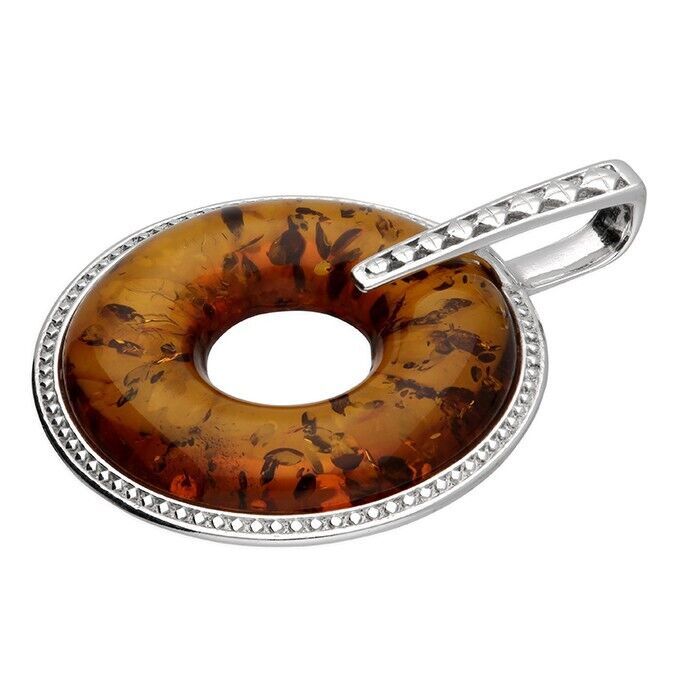 J R Jewellery cognac Baltic amber pendant with circular design and silver setting