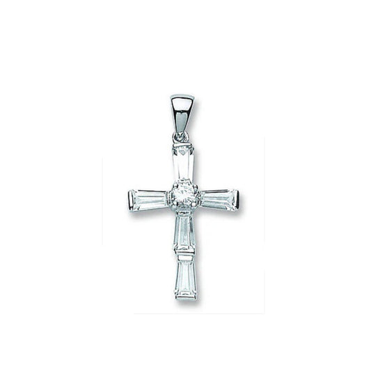 Elegant silver cross pendant necklace with clear baguette stones and round center gem by J R Jewellery