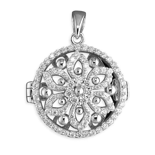 J R Jewellery gemstone flower locket necklace in silver with intricate floral design and sparkling gemstones