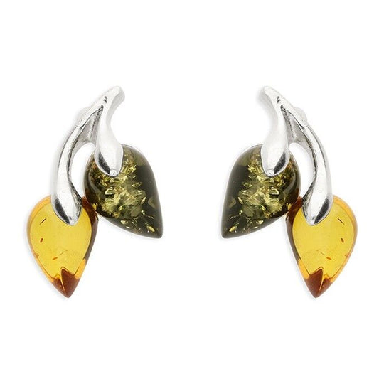 Elegant amber stud earrings for women with silver leaf design by J R Jewellery