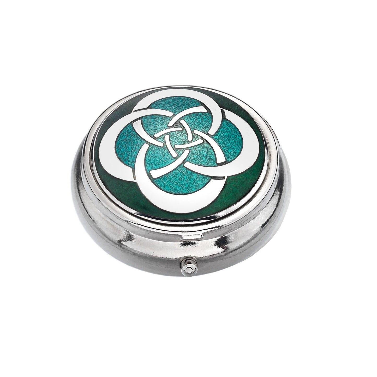 Silver plated Celtic pillbox with intricate blue and green enamel Celtic knot design by J R Jewellery