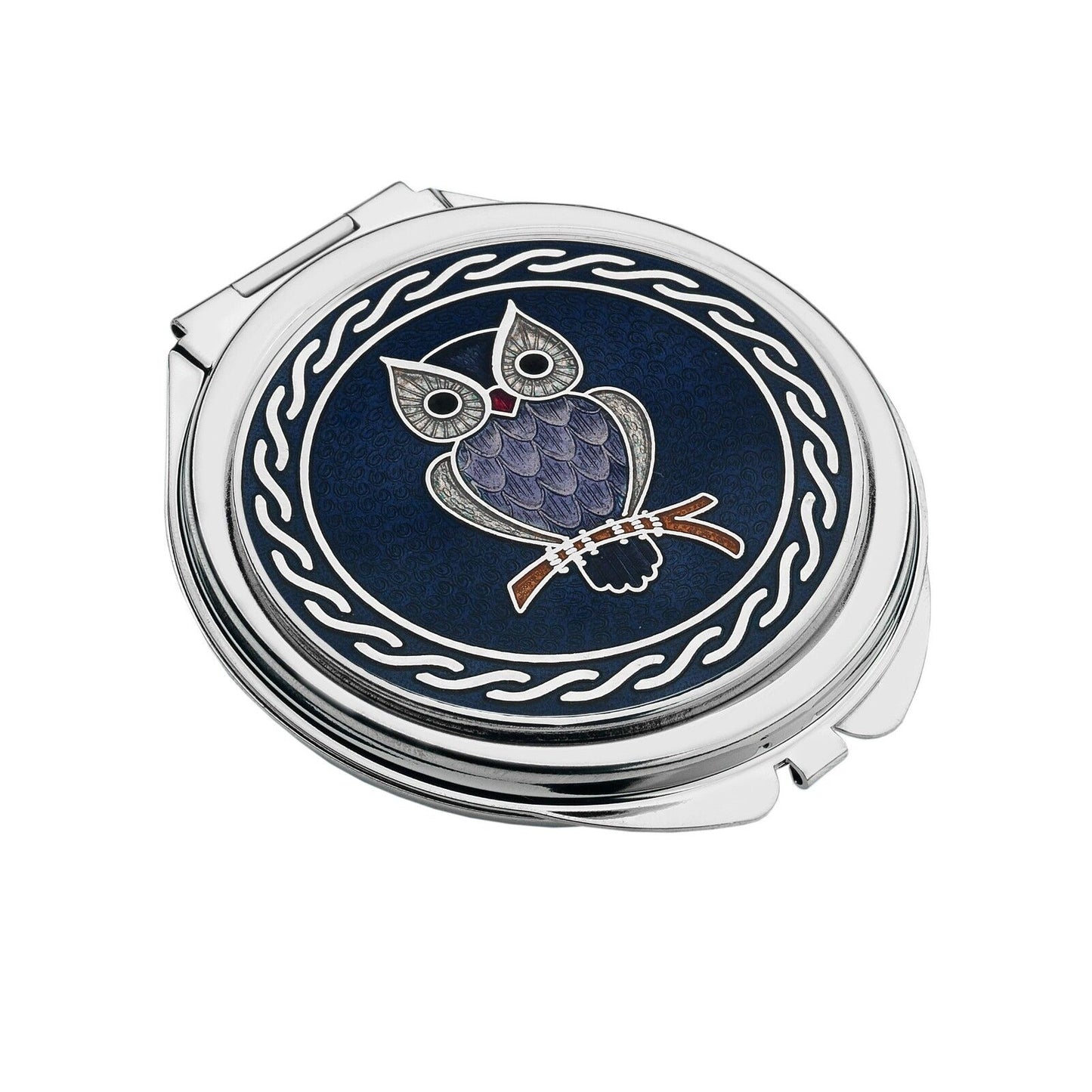 J R Jewellery silver plated owl compact mirror with blue and silver enamel owl design