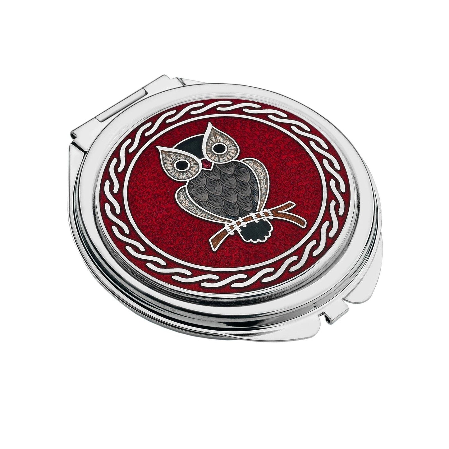 J R Jewellery silver plated owl compact mirror with detailed owl design on red background