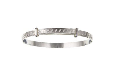 J R Jewellery solid silver child’s bangle with Greek key engraving and polished interior for baby gift