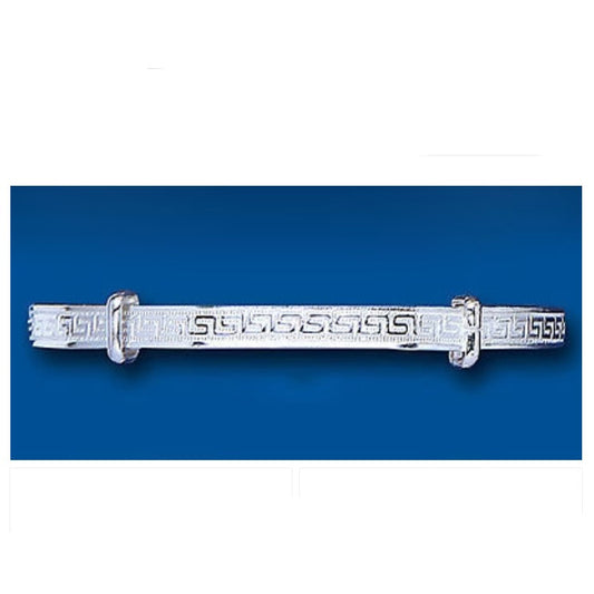 J R Jewellery solid silver child’s bangle with engraved Greek key pattern and safety rings on blue background