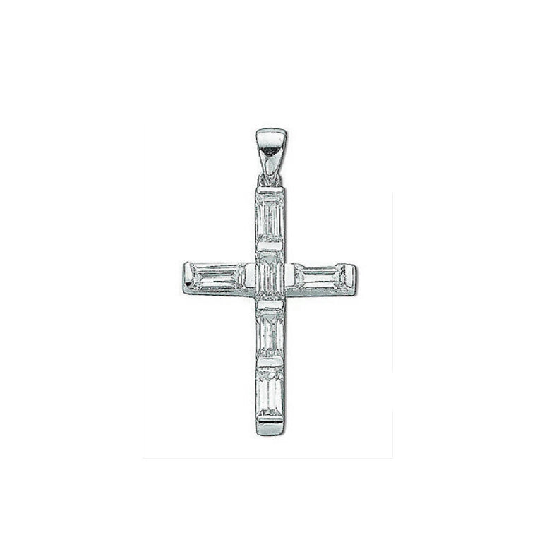 Sterling Silver Baguette Cut Cross Pendant 925 Hallmark 31 x 15mm