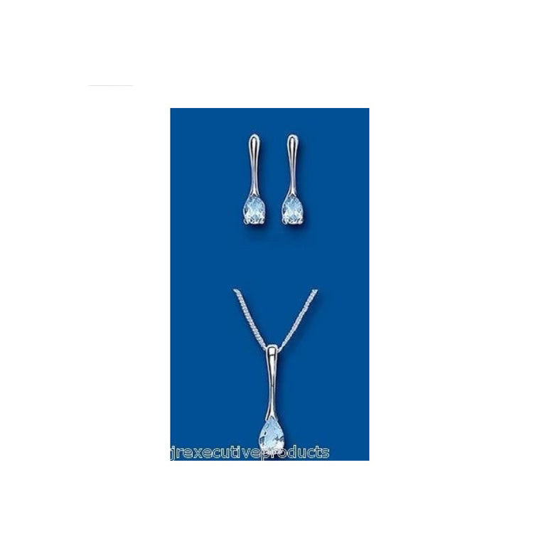 Solid Silver Blue Topaz Pendant and Earrings Set