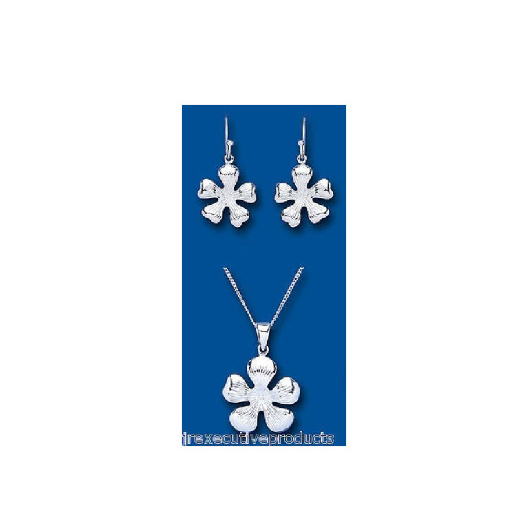 Solid Silver Pendant and Earrings Set Flower Design