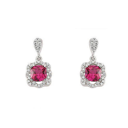 Ruby Earrings Sterling Silver Drop Cushion Drops Platinum Plated