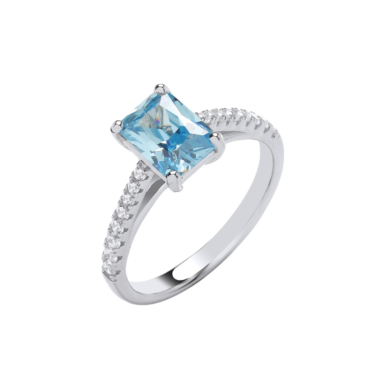 J R Jewellery sterling silver blue topaz ring with emerald cut topaz and pave set cubic zirconia shoulders