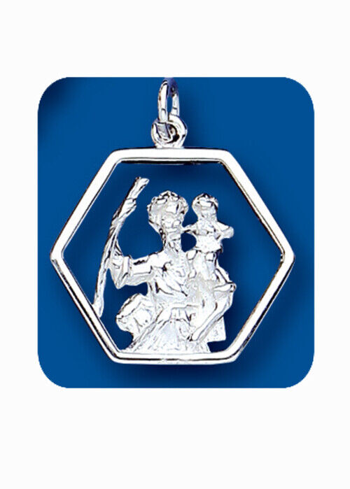 J R Jewellery sterling silver St Christopher pendant hexagon frame medallion showing St Christopher carrying the Christ child