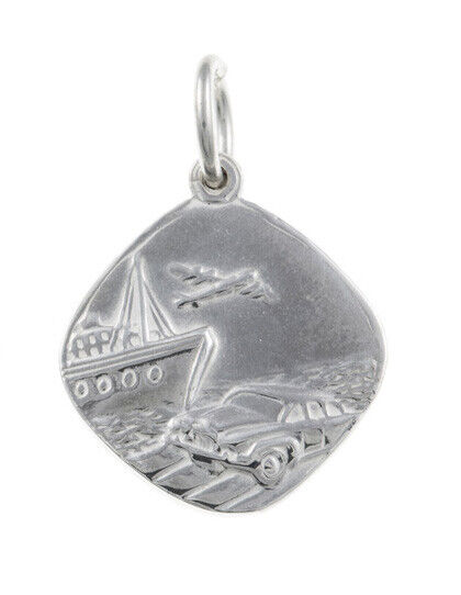 J R Jewellery sterling silver St Christopher pendant engraved travel scenes with ship car and plane