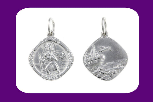 sterling silver St Christopher pendant double sided engraved with St Christopher and ship car plane motifs