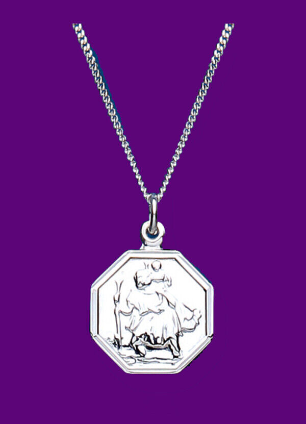 J R Jewellery sterling silver St Christopher pendant octagonal medallion on curb chain