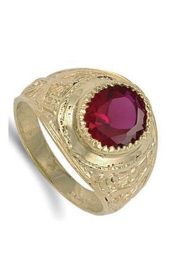J R Jewellery solid gold men's college ring with intricate engravings and a large red gemstone centerpiece