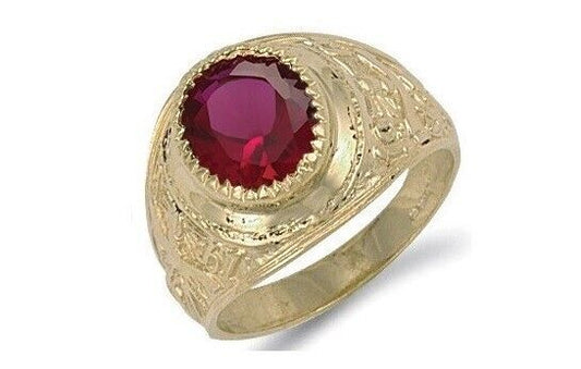 Solid gold men's college ring with intricate engravings and a round red gemstone on top