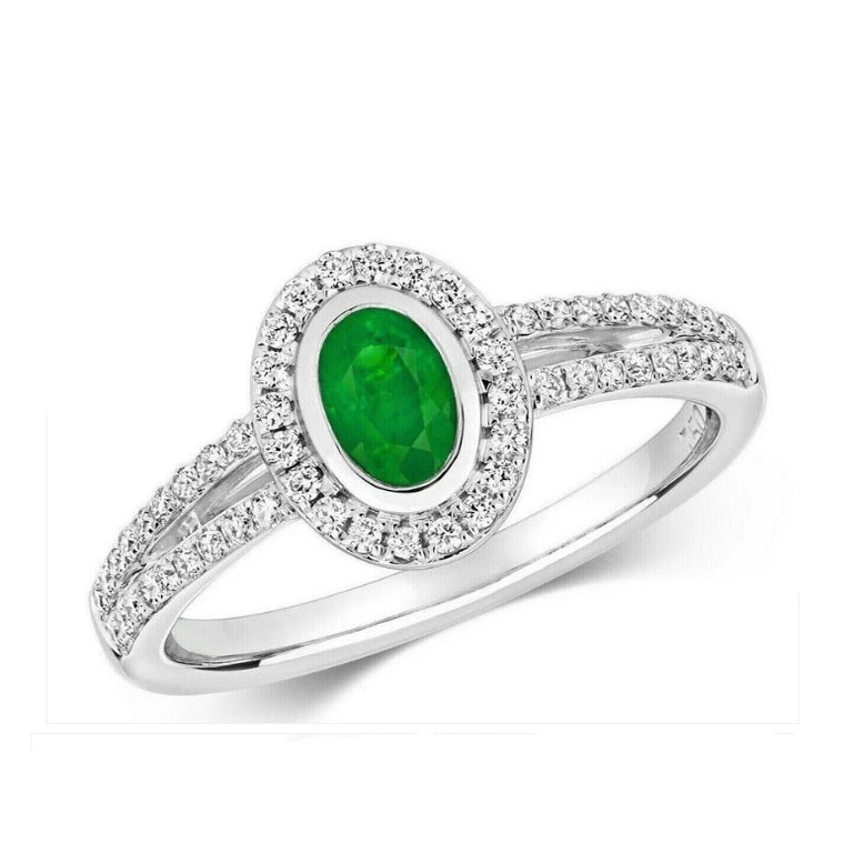 Real Emerald and Diamond Ring 18ct White Oval Halo Cluster Split Shank