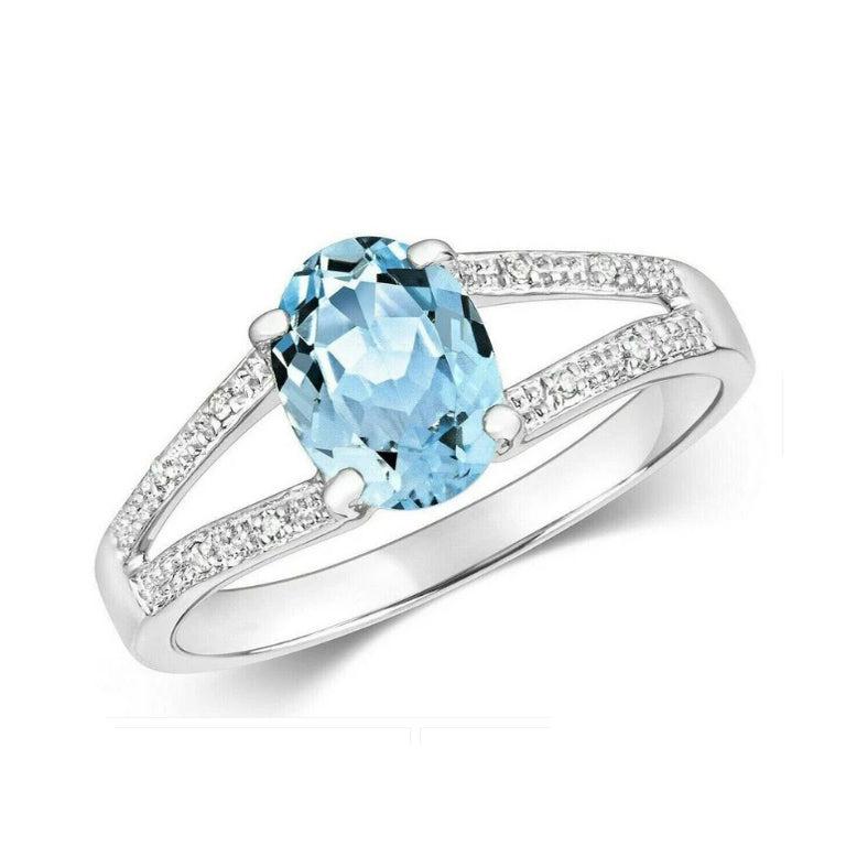 9ct White Gold Aquamarine and Diamond Ring Oval Solitaire Split Shoulder
