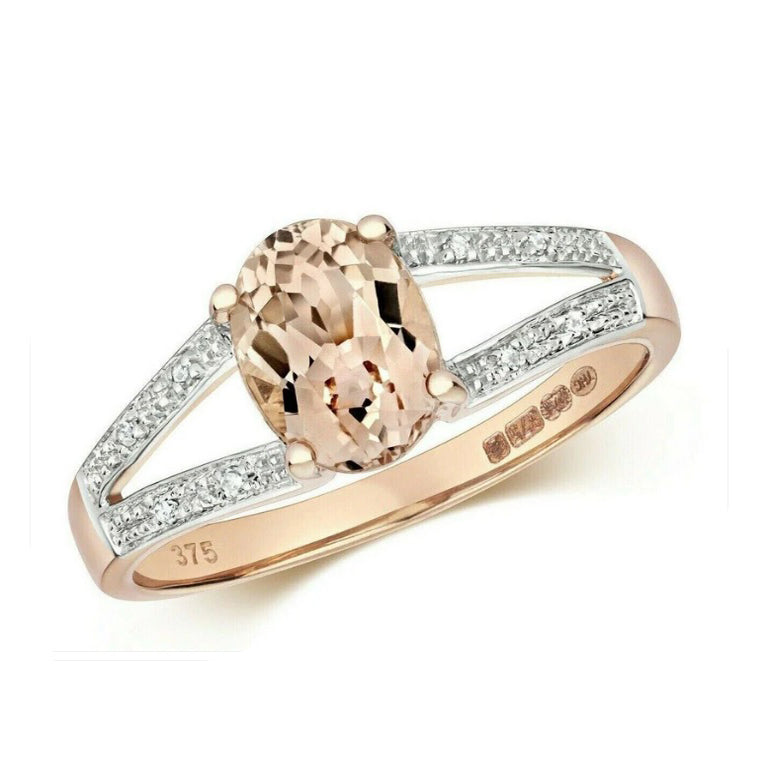 Real Morganite and Diamond Ring Solid Rose Gold Split Shoulder Size J-Q