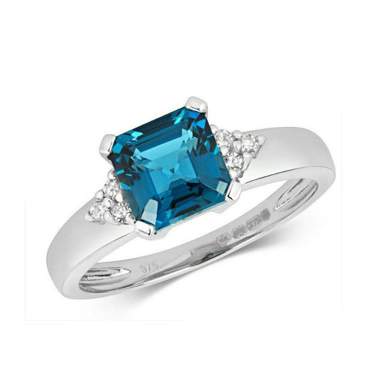 Real London Blue Topaz and Diamond Ring Solid White Gold Square Cut Solitaire