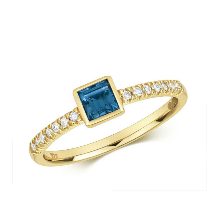 Real London Blue Topaz and Diamond Ring Solid Yellow Gold Square Solitaire