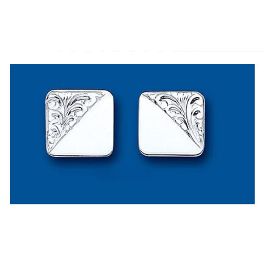 Square Cufflinks Solid Sterling Silver Half Engraved