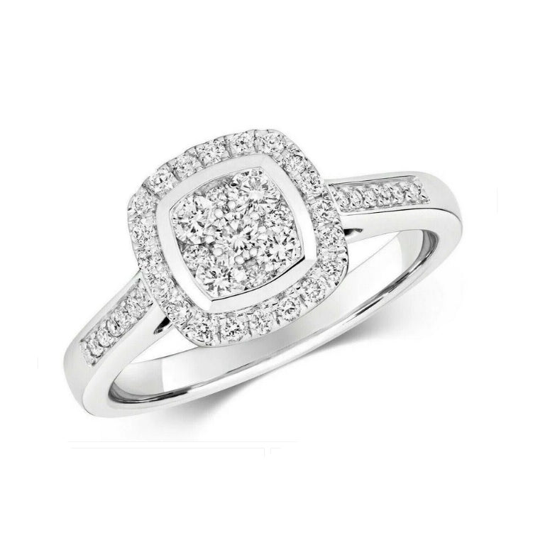 Real Diamond Ring 9ct White Gold Square Cushion Cluster Halo 0.50 Carat Weight