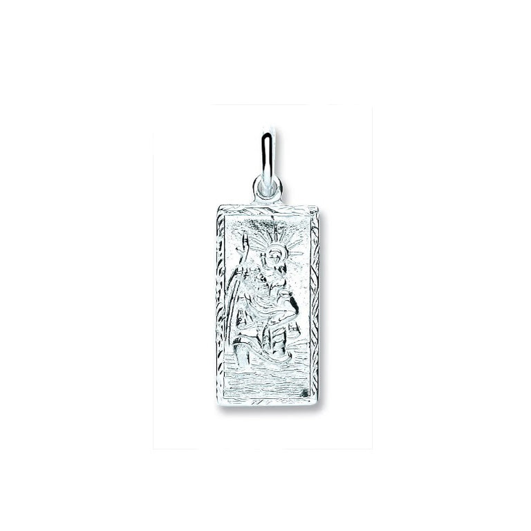 Rectangular St Christopher necklace pendant in polished silver with intricate detailing