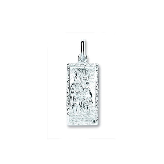 Rectangular St Christopher necklace pendant in polished silver with intricate detailing