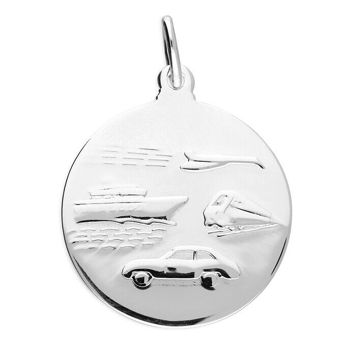 J R Jewellery St Christopher pendant silver featuring engraved transport symbols including a boat and car