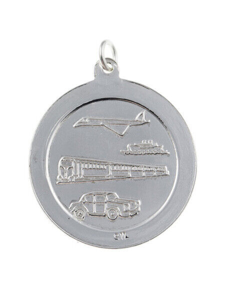 St Christopher pendant sterling silver featuring engraved transport designs including a plane, train, and car