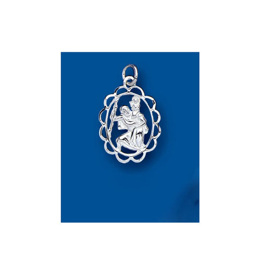 St Christopher sterling silver pendant featuring a detailed design of St Christopher carrying a child