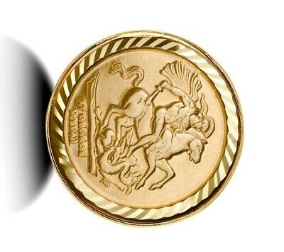 Close-up of a gold St George half sovereign ring featuring detailed St George slaying the dragon design