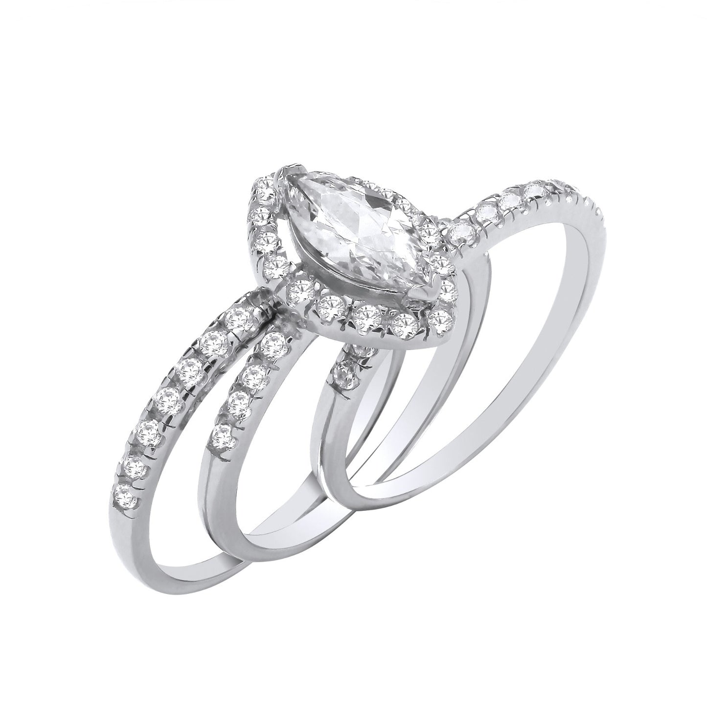 Sterling silver bridal ring set featuring marquise center stone and pavé diamond bands