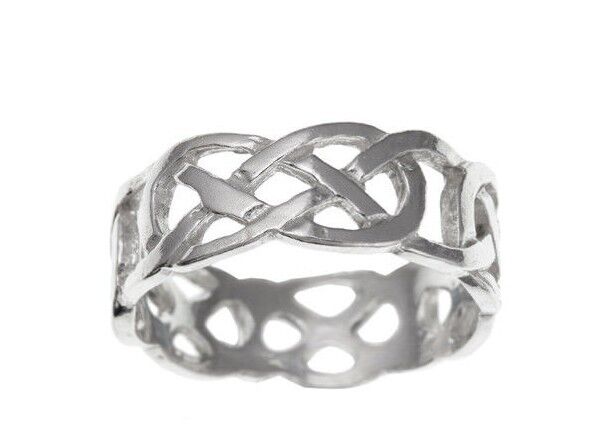 Sterling silver Celtic band ring with intricate woven knot design by J R Jewellery