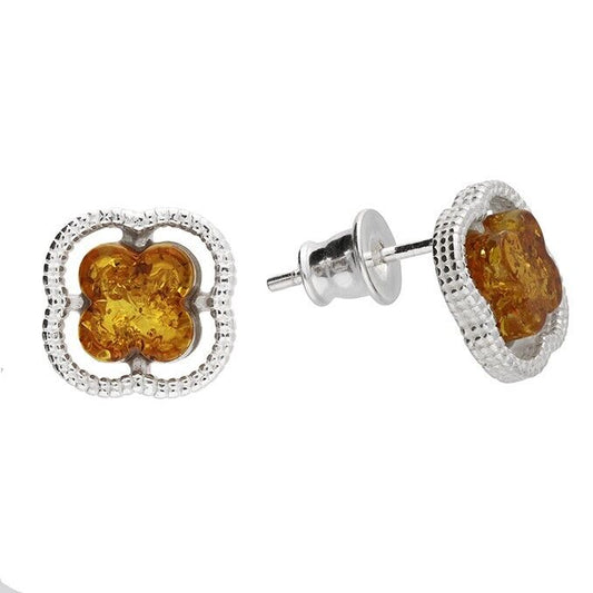 J R Jewellery sterling silver clover earrings with amber centre and textured silver border