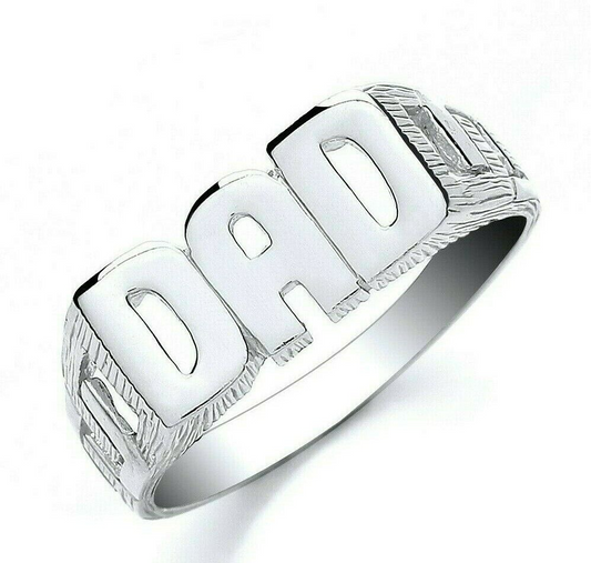 J R Jewellery sterling silver dad ring with bold DAD lettering and textured band design