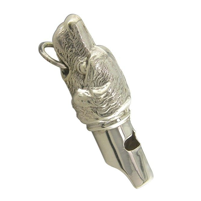 J R Jewellery sterling silver dog whistle featuring a detailed dog head design
