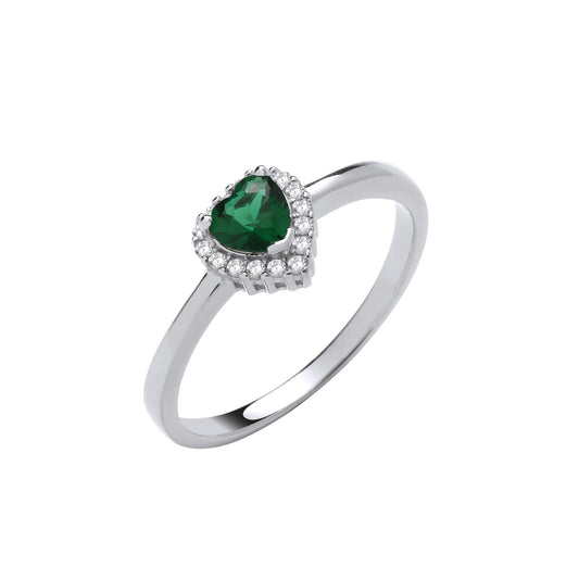 J R Jewellery sterling silver emerald heart ring with sparkling clear stones surrounding the green heart-shaped emerald