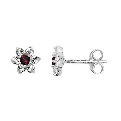 J R Jewellery sterling silver garnet earrings UK with floral design and stud backing